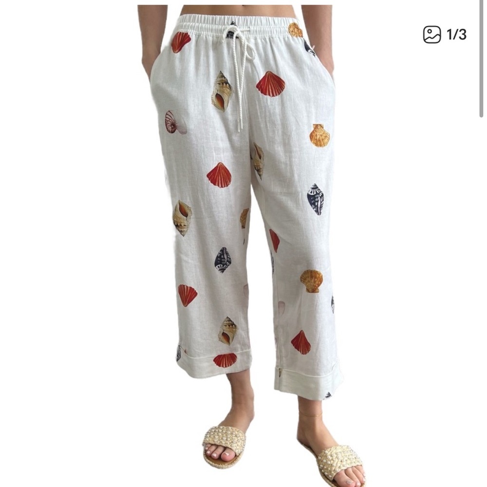Rachel Zoe Seashell Crop Pants Drawstring Waist Linen size S resortwear coastal - Picture 2 of 5